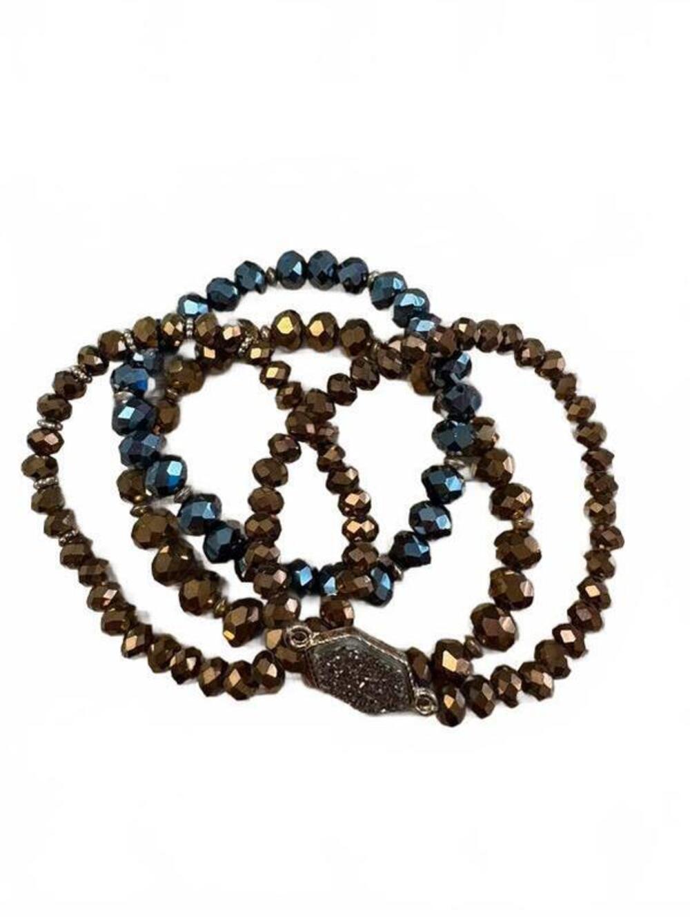 Set of 4 Faceted Beaded Stretch Bracelets Black Bronze Crystal